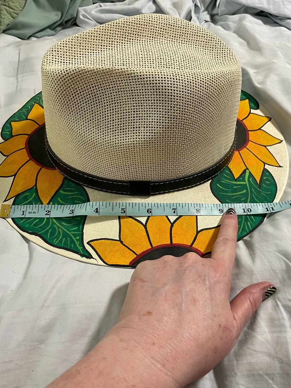 MX Mexico cream woven straw fedora hat black band hand painted sunflowers MEDIUM